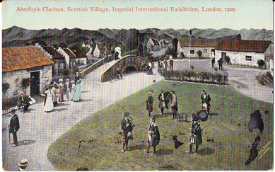 Postcard image of Aberfoyle Clachan at the Imperial International Exhibition, London 1909